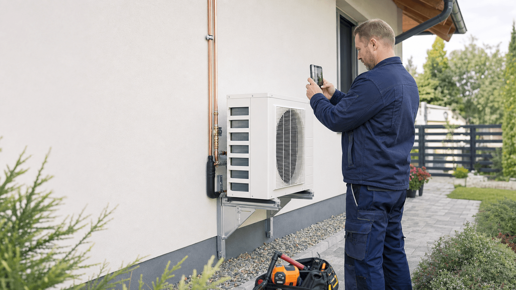 Instalator przygotowuje dokumentację montażu na telefonie