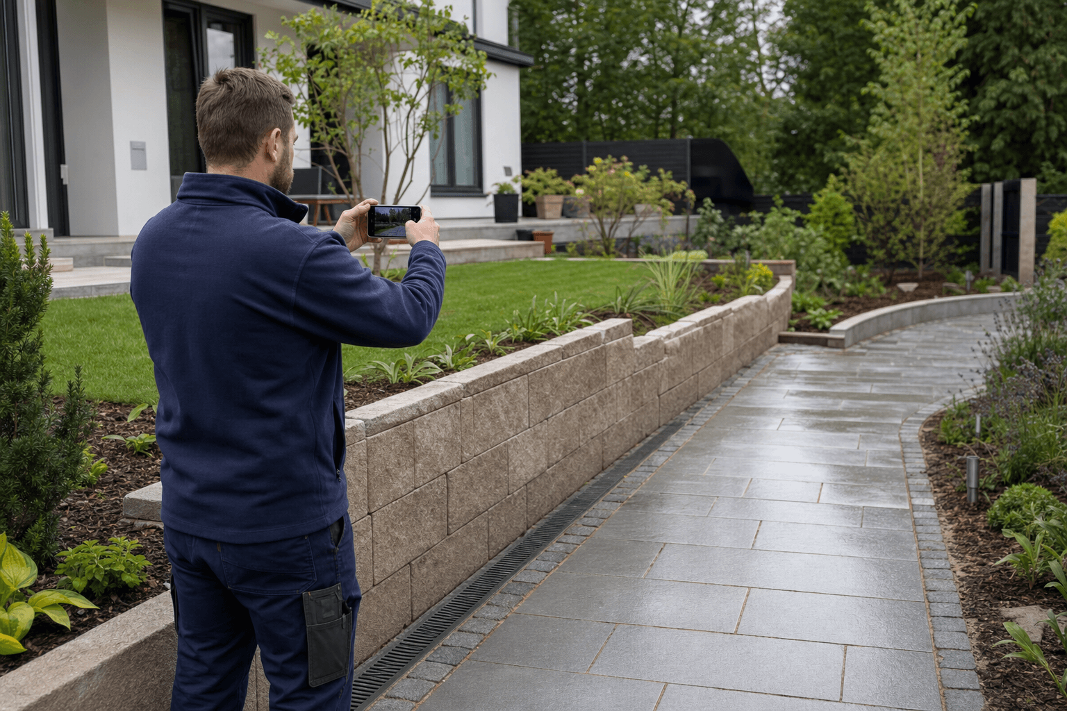 Contractor documenting a completed landscaping stage