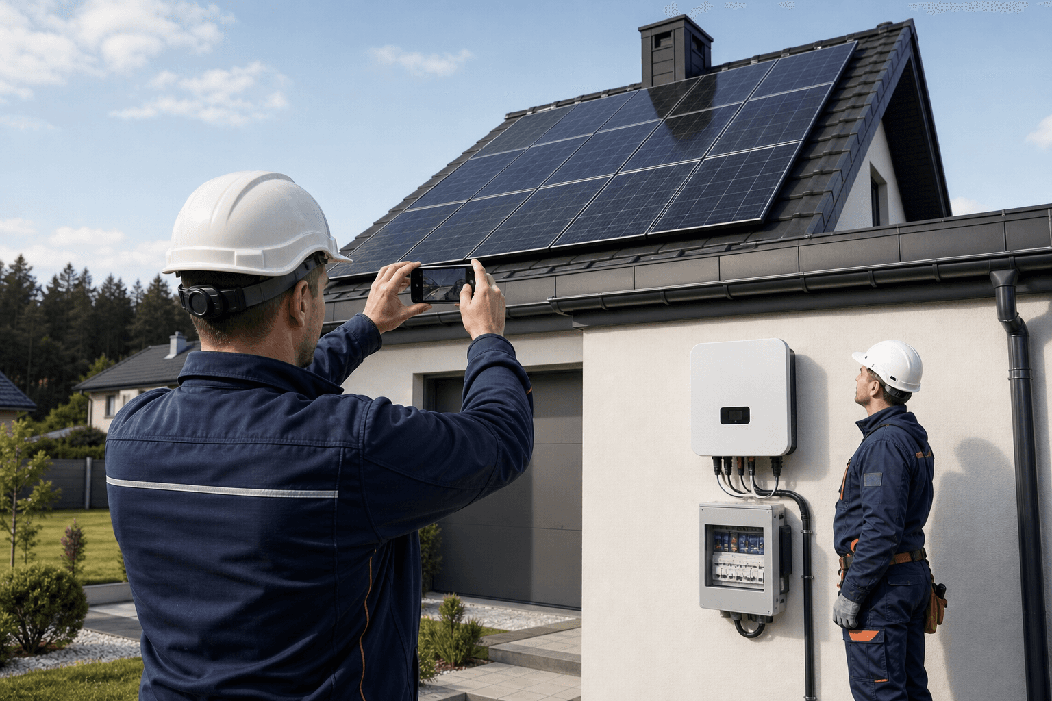 Solar installers documenting roof modules and an inverter with a phone